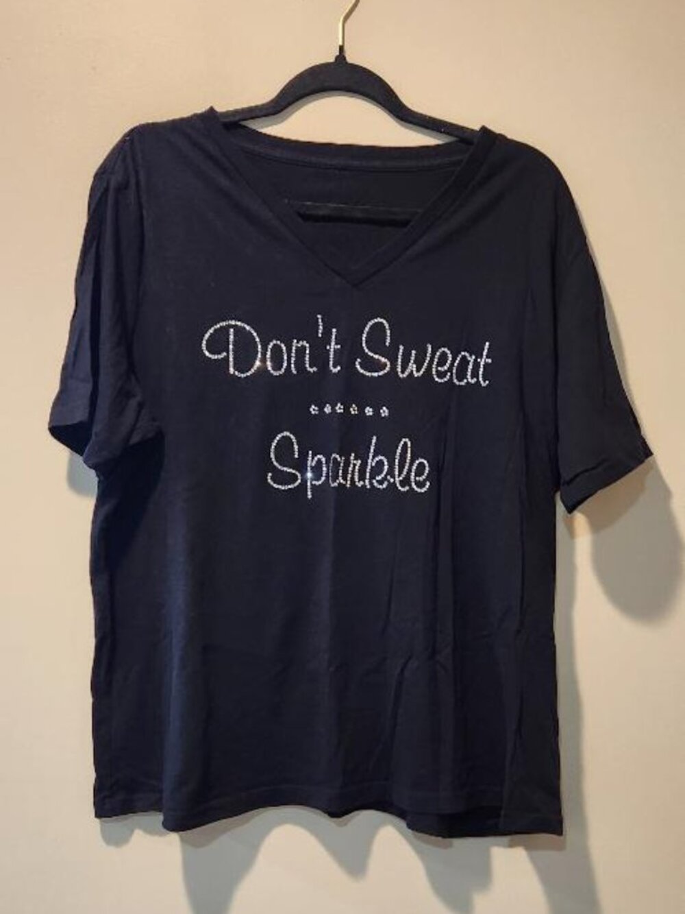 Women's Black V-neck T-shirt "Don't Sweat Sparkle" in Rhinestones